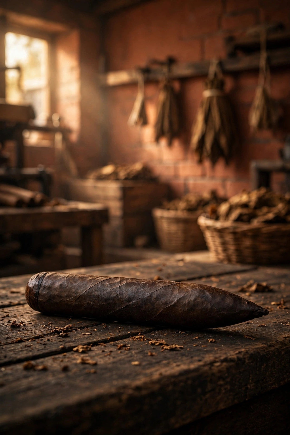 Dark maduro figurado cigar on a factory worktable
