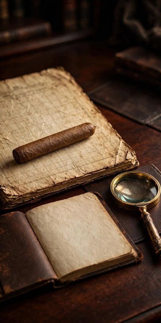 Premium cigar on a collector's ledger beside a magnifying glass