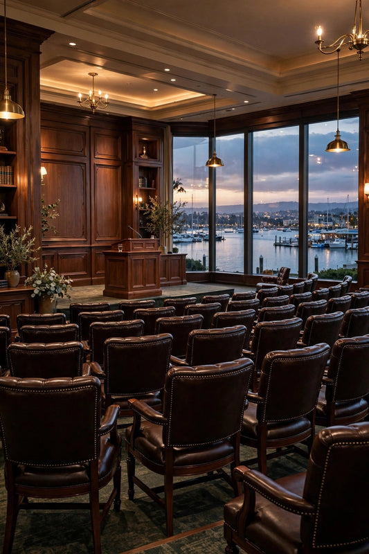 Elegant lecture hall at dusk overlooking the bay