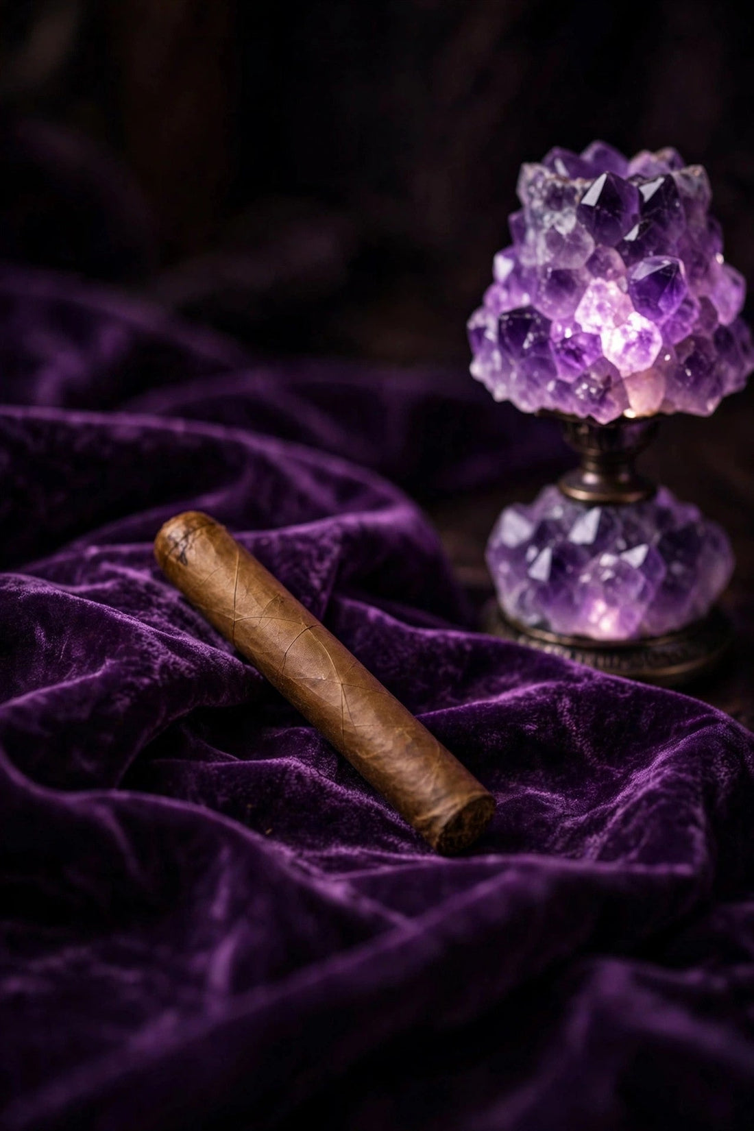 Premium cigar resting on deep purple velvet