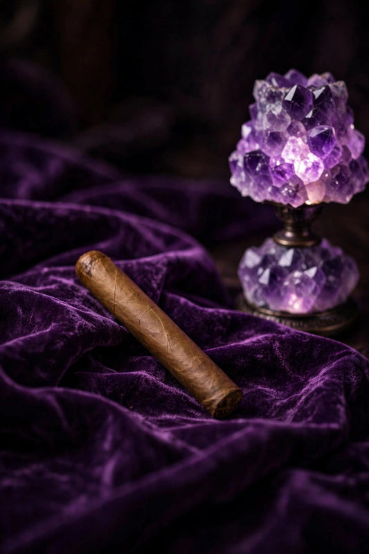 Premium cigar resting on deep purple velvet